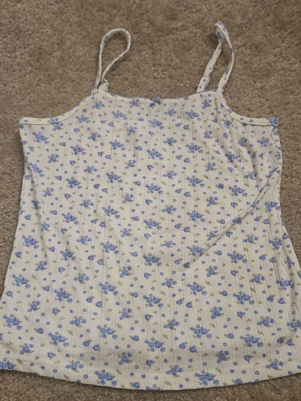Blue Floral Ribbed Cami Tank Top - White & Blue